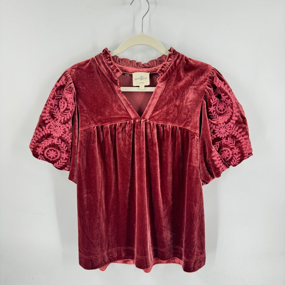 Umgee Velvet Top Burgundy Size L Boho Embroidered Puff Sleeve Victorian Romantic - Picture 9 of 9